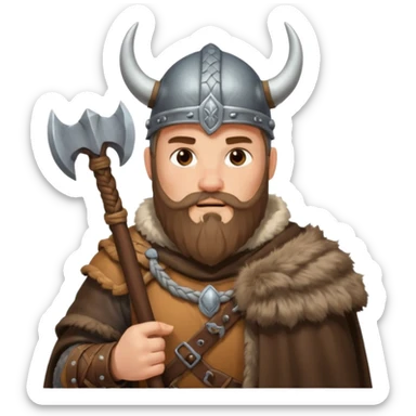 A tall Viking with braided beard, fur cloak, and heavy axe resting on his shoulder with horned helmet sticker
