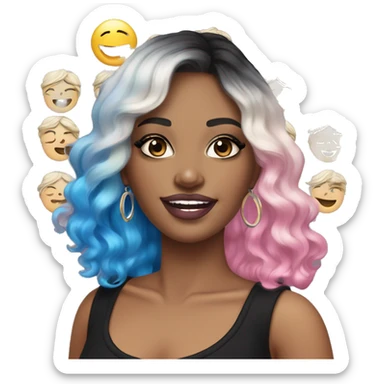 White skinned adult woman, smiling, glitter drawings makeup on her face, pink lipstick blue eyes, long black-to-blonde ombre wavy hair, ring earrings, black T-shirt. sticker