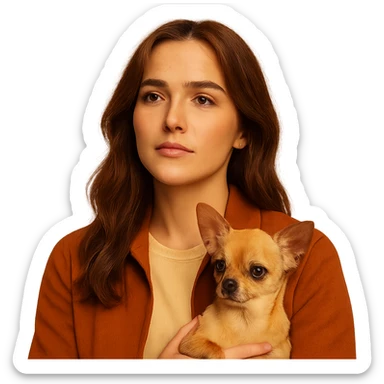 Portrait centered for Instagram profile picture, inspired by facial features visible in the reference images of Zoe Deutch, with tanned skin and subtle freckles. Wearing a shirt in color #FFF8CA and a rust-colored jacket. Medium-length brown hair with auburn highlights. Dreamy and poetic expression. Holding an expressive and cute beige-brown chihuahua. Netflix series style, intimate and expressive atmosphere inspired by Tenerife. Transparent background. sticker