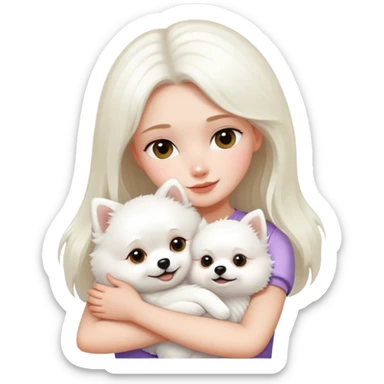 girl hugging white Pomeranian  sticker