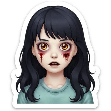 Zombie girl with long wavy black hair and bangs. sticker