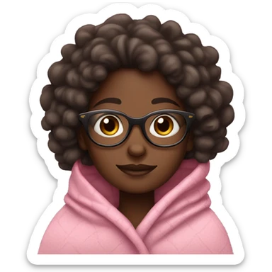 Dark skin girl with curly hair and glasses bundled up in a pink blanket with dark brown eyes sticker
