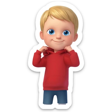3 year old blonde boy with blueish eyes happy getting dressed sticker