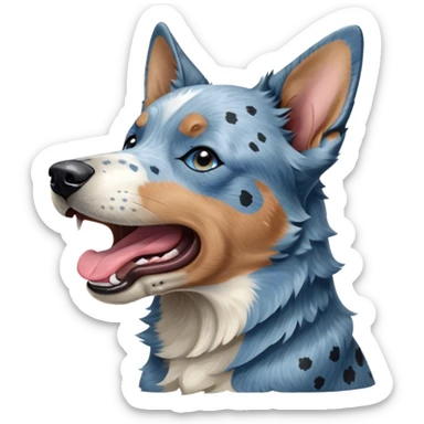 Cinematic Cute Yawning Blue Speckle Australian Cattle Dog Portrait Emoji, Head tilted slightly with a dramatic, wide-open yawn, showcasing a sleek blue speckle Fur with distinct markings, floppy ears slightly drooping, round blue eyes barely open in drowsy contentment, Simplified yet irresistibly adorable features, highly detailed, glowing with a soft, cozy glow, high shine, relaxed yet expressive, stylized with a touch of whimsy, bright and endearing, soft glowing outline, capturing the essence of a sleepy yet affectionate herder, so drowsy it feels like it could stretch out of the screen and curl up for a nap! sticker