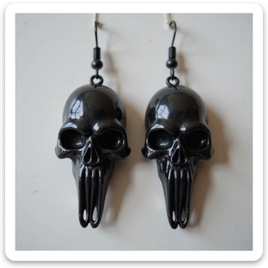 realistic goth earrings, black raven skull, polished bone texture, gothic style sticker