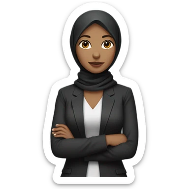 half body career woman wearing a hijab with her arms crossed over her chest, her skin is light skintone, wearing a black blazer and gray hijab sticker