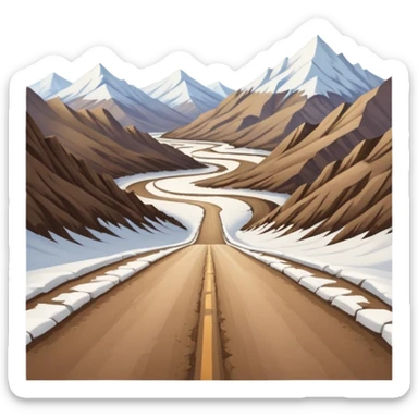 A long STRAIGHT dirt road that disappears into the horizon half way up the screen from the perspective of someone sitting in the middle of the road looking down it. Flat snow fields on both sides of the road with huge looming mountains above the roads horizon line.  sticker