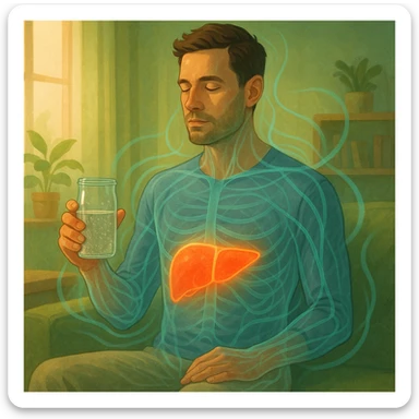 A man in a calm domestic environment, sitting with a transparent bottle or glass in hand containing an Epsom salt solution. He has a focused and aware expression. His body is partially transparent, with the liver highlighted brightly as if in a cleansing phase. Around the body, fluid energetic lines symbolize detoxification. The atmosphere is relaxed and natural, with warm light and green and blue tones representing health and purification. sticker