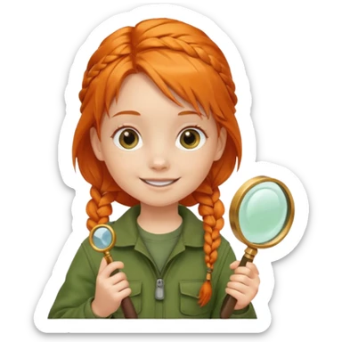 braid orange haired girl kid in moss green explorer outfit, holding magnifying glass, smile sticker