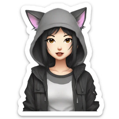 Edgy cool shy Asian urban beautiful pretty anime punk tomboy with cat ears techwear cargo pants hoodie collar  sticker