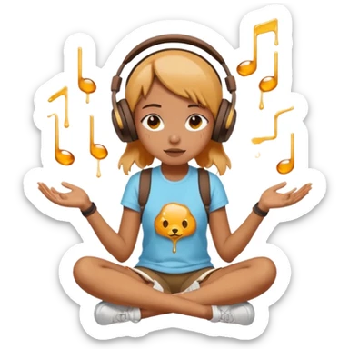 This girl(🧘🏻‍♀️) is sitting cross-legged in a meditation pose, wearing headphones(🎧) and listening to music. The song is so good that honey is dripping from her ears, and her expression is completely dazed because she’s enjoying the music so much. sticker