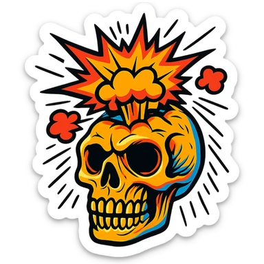 a stylized skull with comic-style explosion above it, bold lines, vibrant, no background sticker