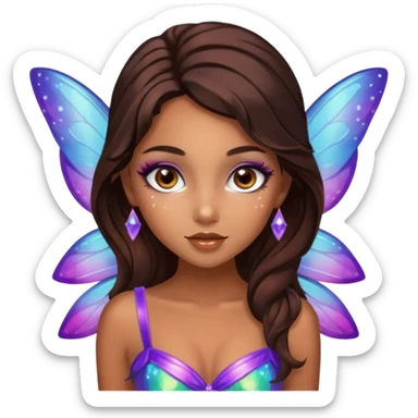 Pretty girl with caramel skin. Dark brown hair and brown eyes. She has freckles. Wearing sexy makeup. Wearing a fairy costume. wearing heels sticker