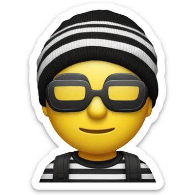 yellow man with blindfold with eyes out black beanie black and white striped shirt sack of money hanging over shoulder sticker