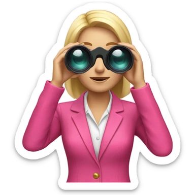 white female employee with loose blonde hair wearing intensive color pink suit looking in binoculars sticker