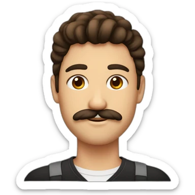 un chico de 22 años con el pelo corto, rizado y café oscuro, con los ojos marrones y bigote sticker