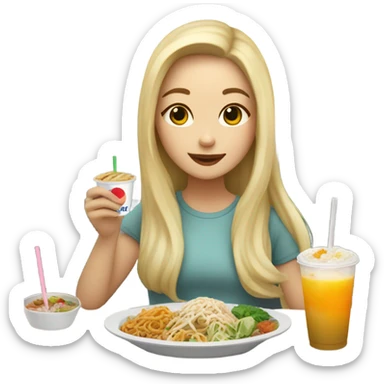  Blonde long hair girl eating Korean food and drinking boba sticker