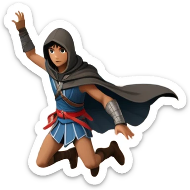 An icon featuring a hero performing a leap of faith from a tower in Florence, inspired by adventure games like Assassin's Creed. The design captures the dramatic moment mid-air, with detailed architecture and a bustling city below. Transparent background sticker