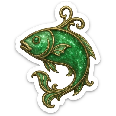 Elden Ring talisman, Green Fish, elegant jewelry design, fantasy game prop, shimmering green sticker