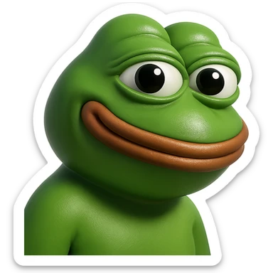pepe in
- 3d style
- bright green
- smiling
- looking straight at the camera
- good highlights and shadows
- 30deg angled towards the right sticker