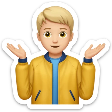 boy with good hair cut shrugging his shoulder, wearing yellow jacket and smile sticker