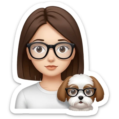Girl with straight brown hair, black glasses and a Maltese sticker