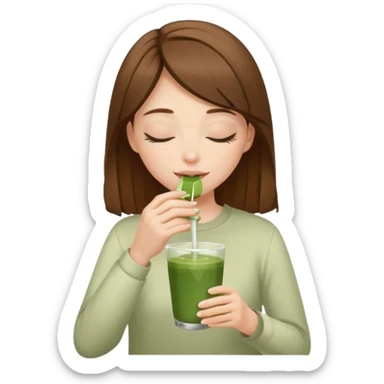 White girl with brown hair eyes closed enjoying matcha drink  sticker