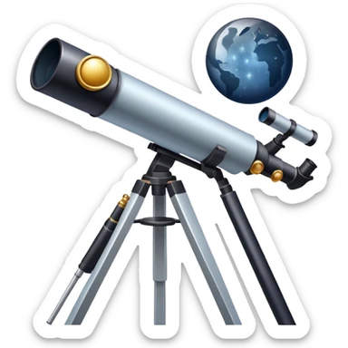 An icon featuring a telescope, stars, and a planet, symbolizing astronomy. The design includes a crescent moon, distant galaxies, and constellations, representing the study of space and celestial bodies. Transparent background highlights the exploration of the universe and cosmic phenomena. sticker