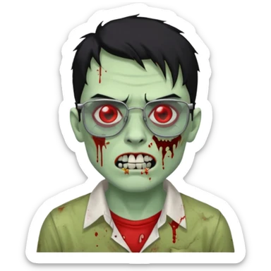 homem zumbi de óculos cabelo preto com muita olheira deixar pele dele verde dentes brancos e olhos vermelhos e ensanguentados deixar óculos quadrado e preto e olhos cheio de veias vermelhas e encher o rosto de piercings sticker
