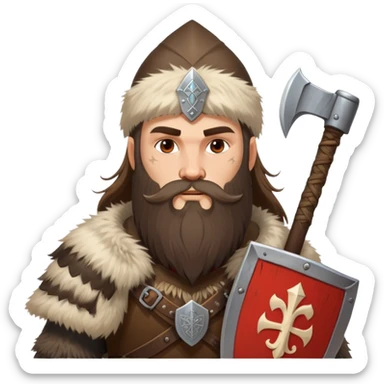 Russian pagan warrior with fur clothing, axe, shield with Slavic symbols, long beard sticker