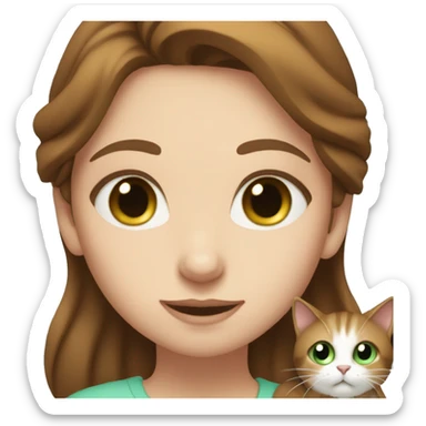 a girl with light blue eyes and brown hair down holding a while cat with green eyes sticker