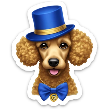 Royal Blue and gold rainbow poodle wearing a royal blue and gold fedora sticker