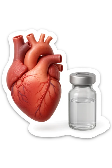 emoji stile iphone di cuore anatomico realistico in 3d che fluttua in aria insieme a una boccetta di fiala medica, FALLO MOLTO REALISTICO IN 3D sticker