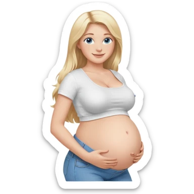 White girl, 18, long blonde hair, blue eyes, white crop top, jeans, huge pregnant belly, big boobs, side view, skinny, bare midriff, smiling sticker