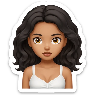 a pretty bratz tan girl with wavy black hair wearing a white cami top. Skintone is brown sticker