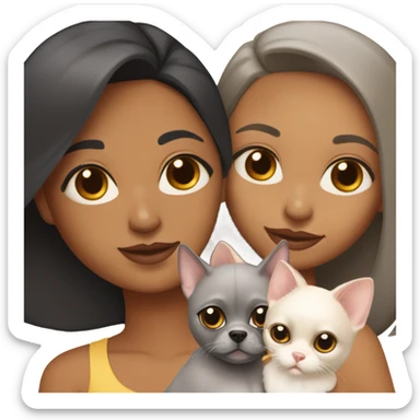 Latino women with black staight hair and brown eyes is holding a grey sphynx kitten and a ginger/ yellowish pomeranian dog sticker