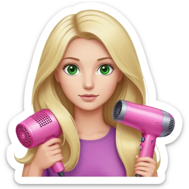 blonde woman, long hair, green eyes, pink Dyson hair dryer in hand sticker