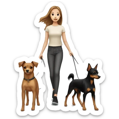 A light brown haired girl, walking one mini black and tan miniature Pinscher and one big light brown Spitz on the lead sticker