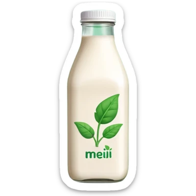 A 3D cartoon bottle of plant-based milk identical to dairy milk, small green tint or leaf mark, Memoji-style. sticker