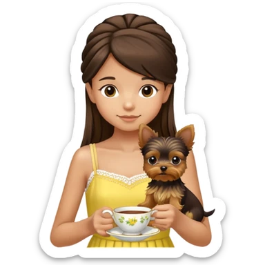 A tan 13 year old girl dark brown hair wearing a lemon dress white on top with spaghetti straps holding a teacup yorkie sticker