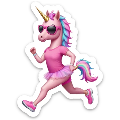 friendly anthropomorphised female unicorn with horse-like face, in tutu and pink t-shirt, wearing dark sunglasses, jogging upright in relaxed pose sticker