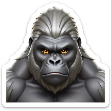 Cinematic Noble Silverback Gorilla Portrait Emoji, Poised and majestic, with a powerful, muscular frame accentuated by a distinguished silver mane and piercing, wise eyes, Simplified yet sharp and sophisticated features, highly detailed, glowing with a soft, regal jungle glow, high shine, intelligent and commanding, stylized with an air of imperial strength, focused and resolute, soft glowing outline, capturing the essence of a watchful guardian that feels as though it could step out of the screen with effortless authority! sticker