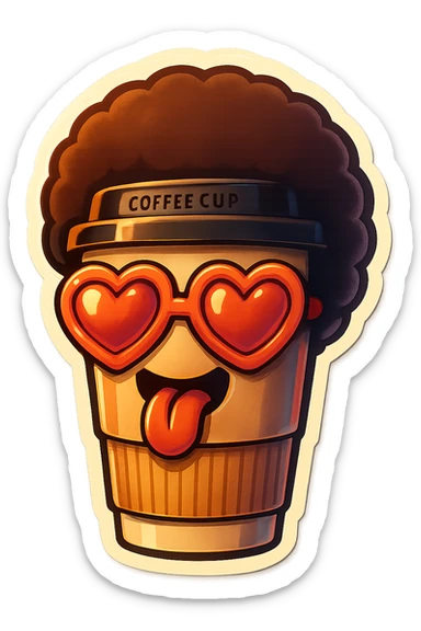 Tall coffee cupp, afro, heart glasses, big heart eyes, tounge rolled out sticker