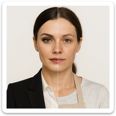 hyper realistic split-image of a woman, left side with elegant makeup and business suit, right side natural face, kitchen apron, white background, sharp contrast, symmetrical sticker