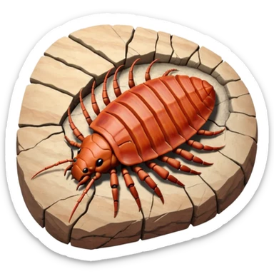 3D render of Trilobite, embedded in a chunk of rough sedimentary rock, cracked stone texture, ancient fossil aesthetic, fossilized in reddish sandstone rock, matte dry finish, Apple emoji style, isolated on white background --v 6.0 sticker