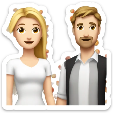 A white girl with a black square kisses a tall white guy with brown hair. There are peaches all around sticker