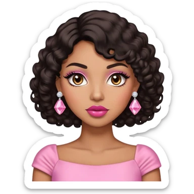 light brown skin tone, very beautiful woman, with big plump lips, long long lashes, black curly bob, brown eyes, pink dress, diamond stud earrings sticker