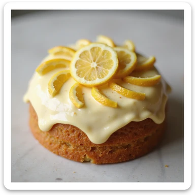 realistic round cake with lemon frosting and candied lemon slices, photorealistic style sticker