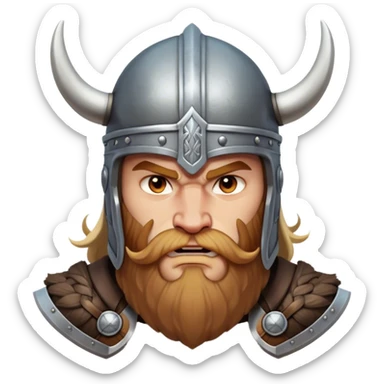 Clash of Clans aesthetic: Cinematic Fierce Viking Portrait Emoji, Poised and bold with a rugged yet stylized build, wearing a simple horned helmet and sporting a neatly trimmed beard, his face rendered in a natural skin tone, intense eyes reflecting fierce determination, Simplified yet dynamic features, highly detailed, glowing with a cool, battle-ready radiance, high shine, brave and resolute, stylized with an air of ancient Nordic valor, focused and commanding, soft glowing outline, capturing the essence of a fearless Viking adventurer ready to set sail on epic quests! sticker