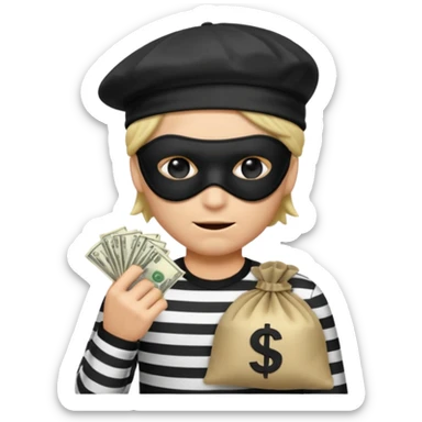 a short ios emoji-style portrait of a classic burglar, a black eye mask (looks like a blindfold) and a black-and-white striped shirt. emoji-like hair, black hat, ONE bag of money 💰 with a dollar sign in a right corner sticker